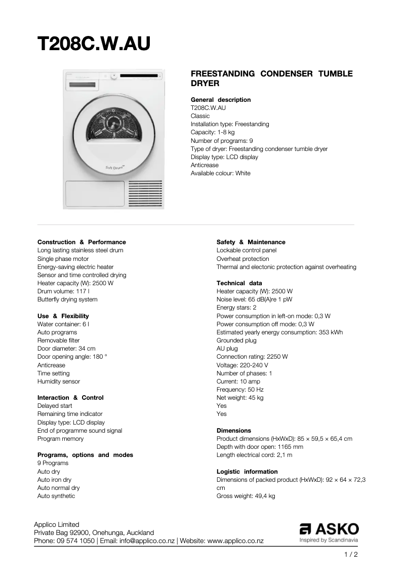 Page 1 de la notice Fiche technique Asko T208C.W.AU