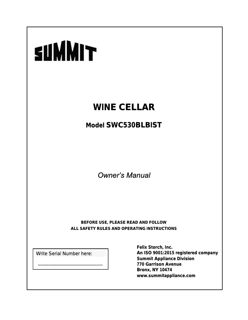 Page 1 de la notice Mode d'emploi Summit SWC530BLBISTADA