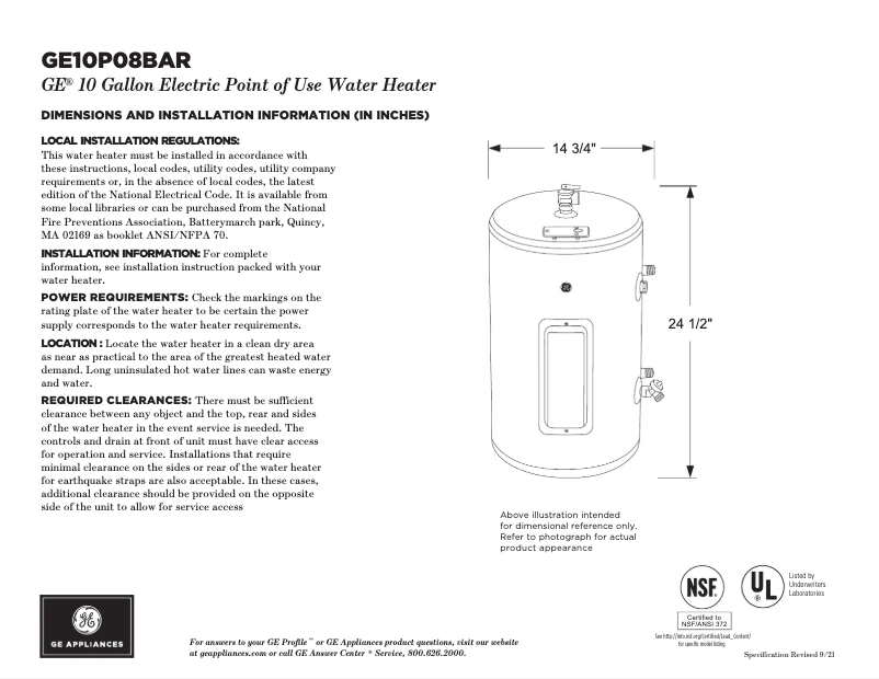 Page 1 of the manual Technical Sheet GE GE10P08BAR