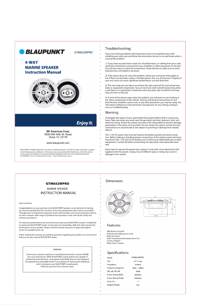 Page n°1 - Manuel utilisateur Blaupunkt GTM652WPRO