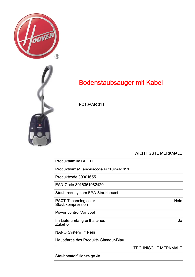 Page 1 de la notice Fiche technique Hoover Power Capsule PC10PAR 011