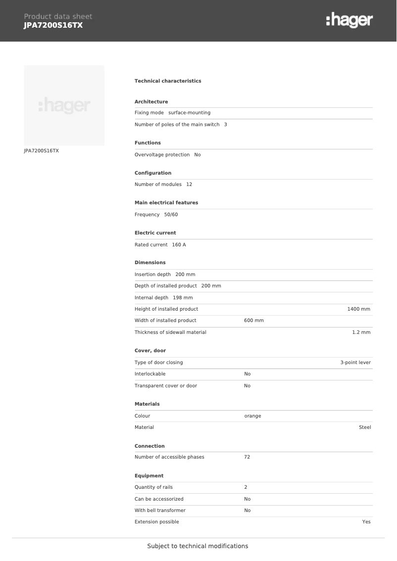 Page 1 de la notice Fiche technique Hager JPA7200S16TX