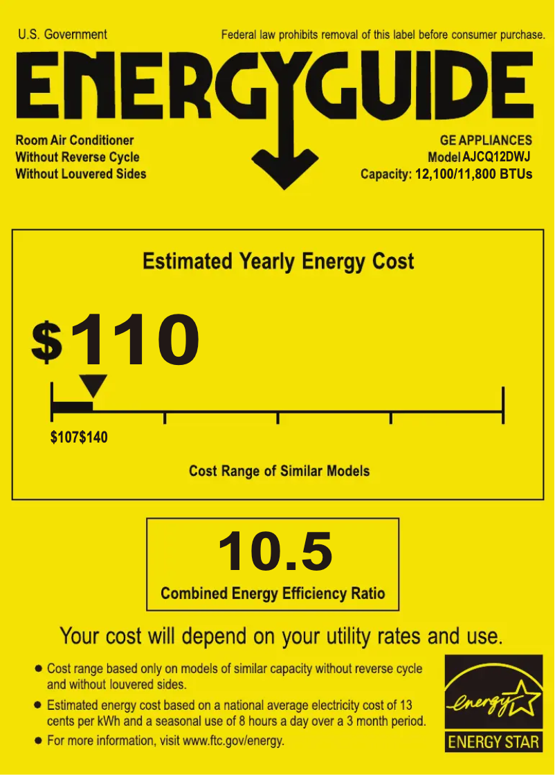 Page 1 of the manual Energy Label GE AJCQ12DWJ
