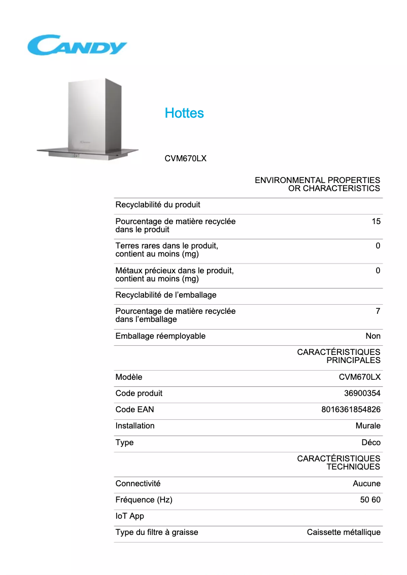 Page n°1 - Fiche technique Candy CVM670LX