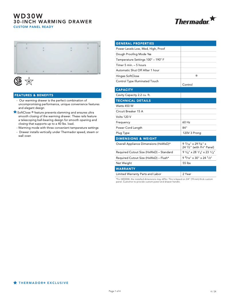 Page 1 de la notice Fiche technique Thermador WD30W
