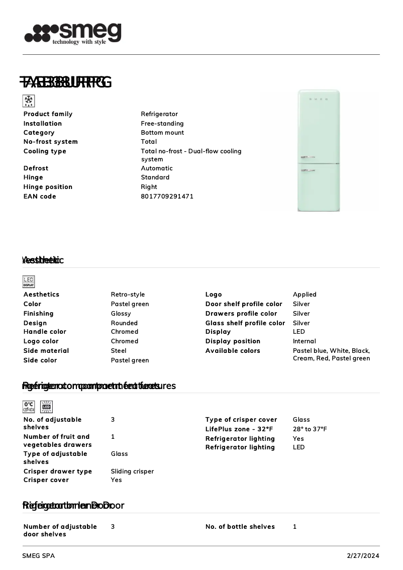 Page 1 de la notice Fiche technique Smeg FAB38URPG