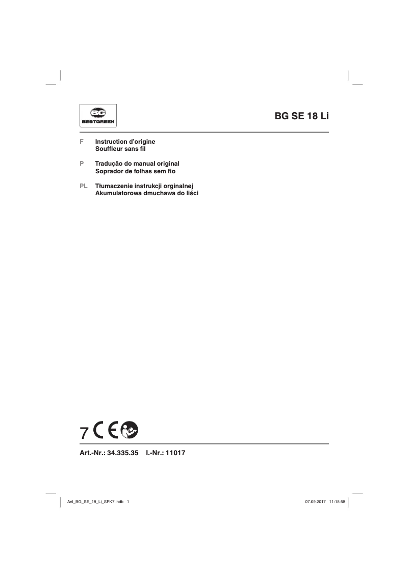 Page 1 de la notice Manuel utilisateur Bestgreen BG SE 18 Li