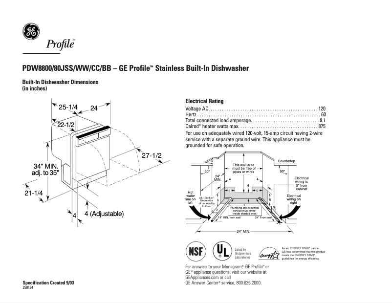 Page 1 de la notice Fiche technique GE Profile PDW8880JSS