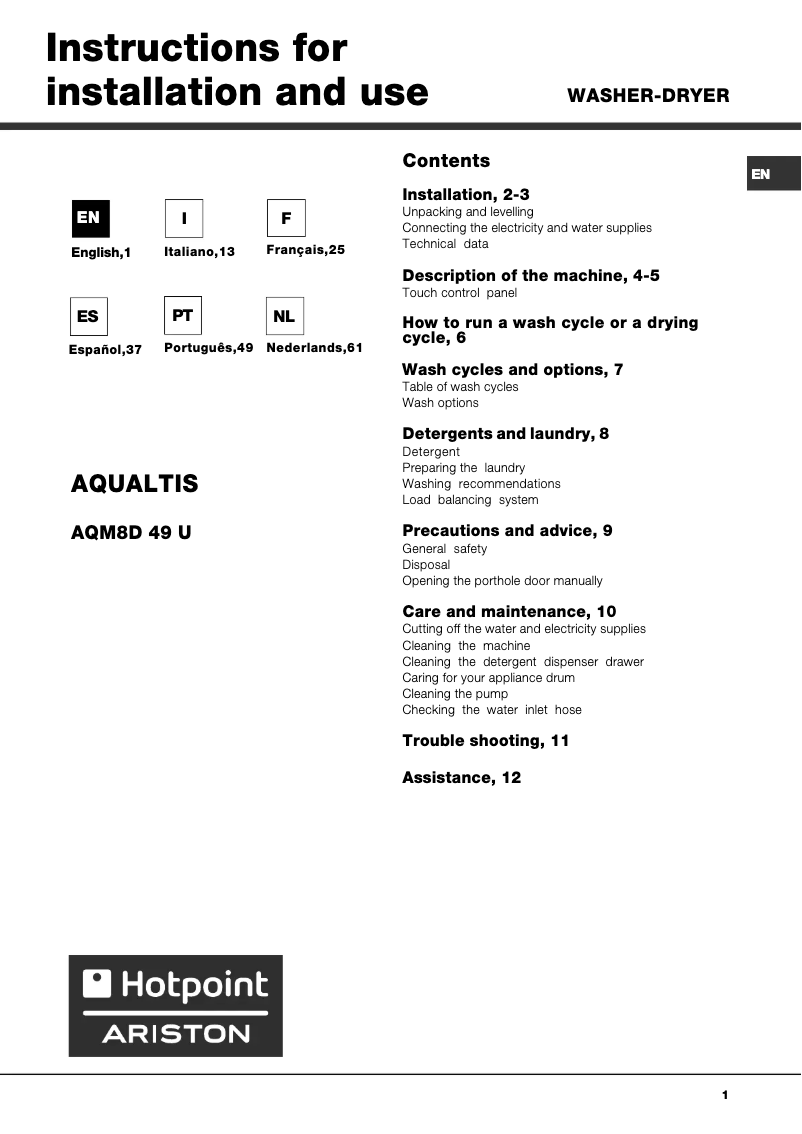 Page 1 de la notice Manuel utilisateur Hotpoint Ariston AQM9D 49 U EU A