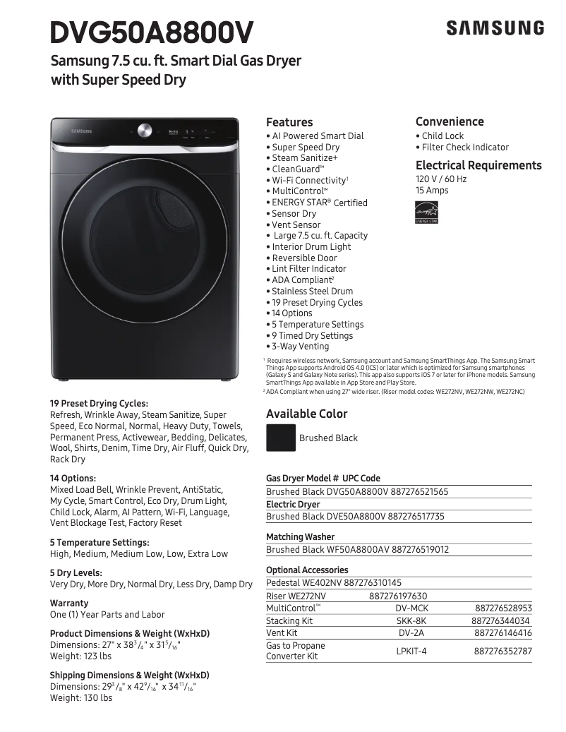Page 1 de la notice Fiche technique Samsung DVG50A8800V