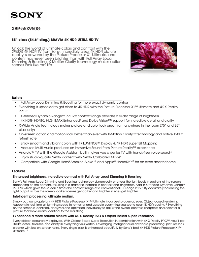 Page n°1 - Fiche technique Sony XBR-55X950G