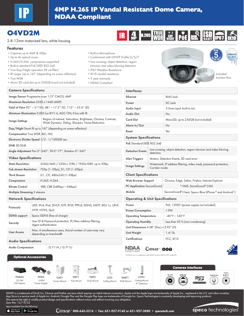 Página 1 del manual Ficha técnica Speco Technologies O4VD2M