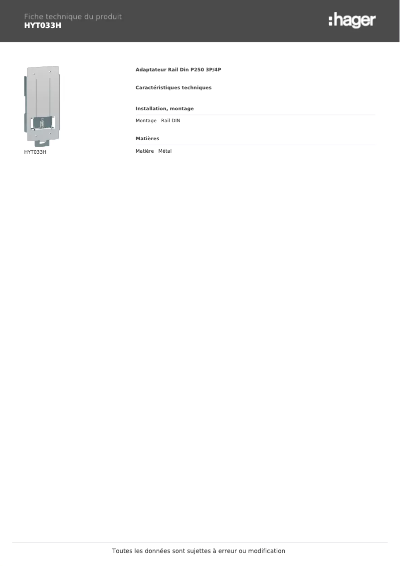 Page 1 de la notice Fiche technique Hager HYT033H