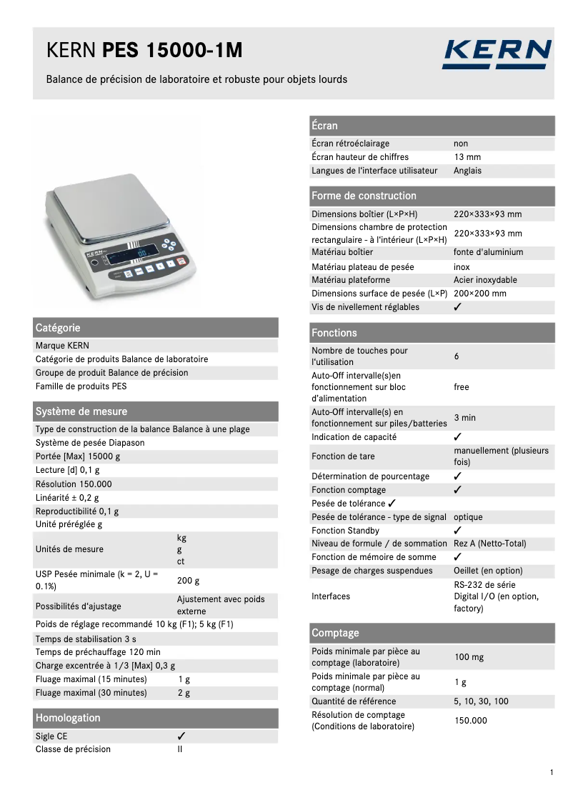 Page 1 de la notice Fiche technique Kern PES 15000-1M