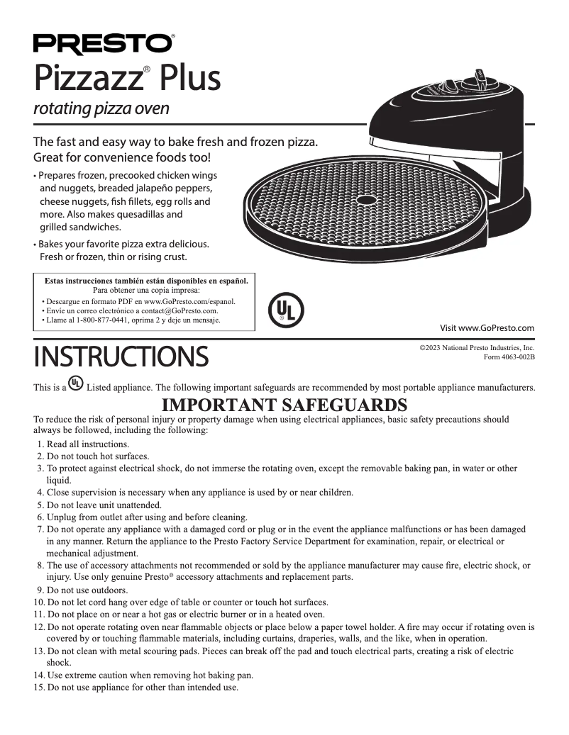 Image de la première page du manuel de l'appareil Pizzazz Plus 03434