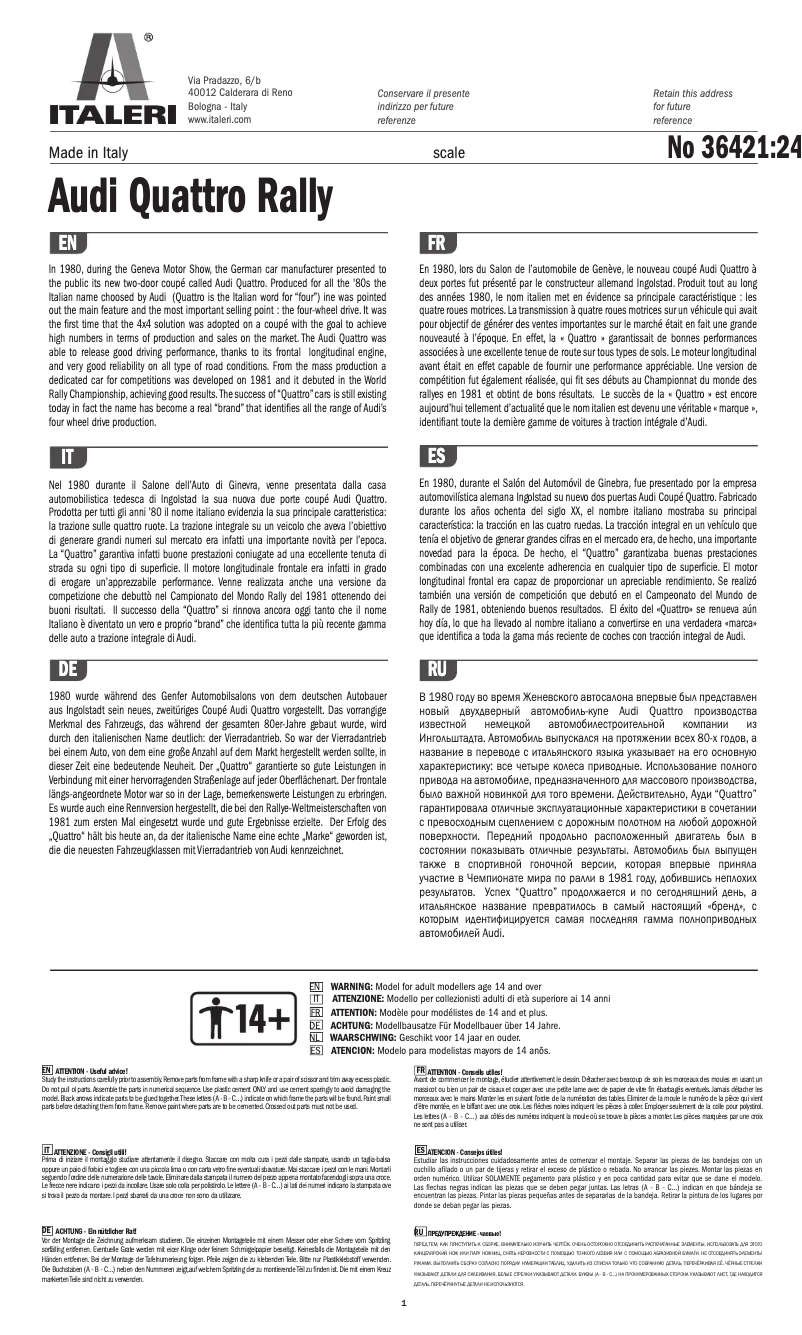 Page 1 de la notice Manuel utilisateur Italeri Audi Quattro Rally