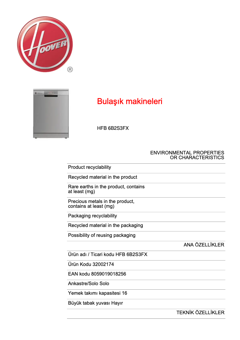 Page n°1 - Fiche technique Hoover H-DISH 700 HFB 6B2S3FX