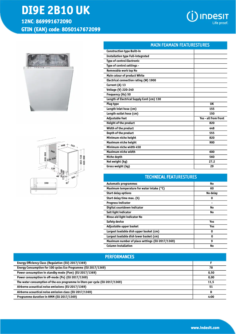 Page 1 de la notice Fiche technique Indesit Slimline DI9E 2B10