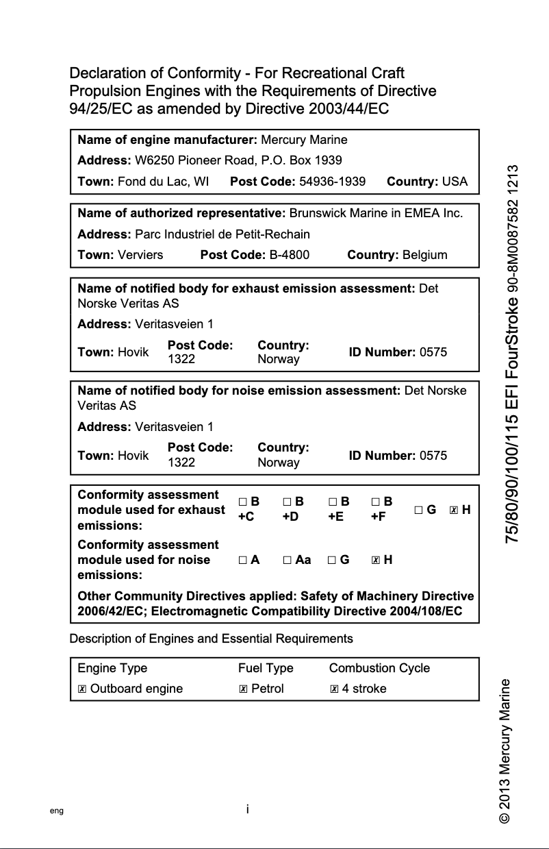 Page 1 de la notice Manuel utilisateur Mercury 100 EFI Fourstroke (2014)