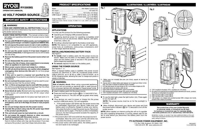 Page n°1 - Manuel utilisateur RYOBI RYi300BG