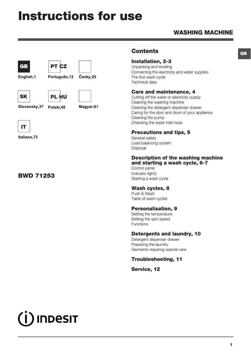 Page n°1 - Manuel utilisateur Indesit BWD 71253 W EU