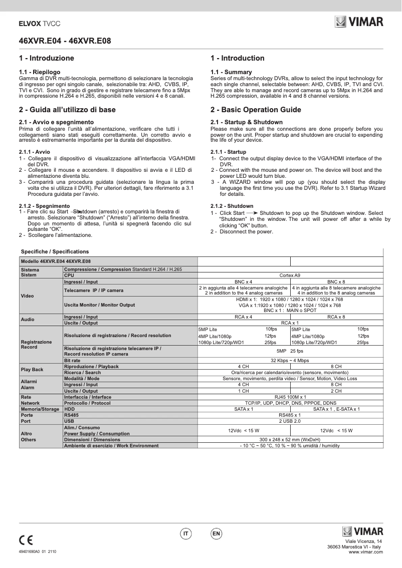 Page 1 de la notice Manuel utilisateur Vimar ELVOX 46XVR.E04