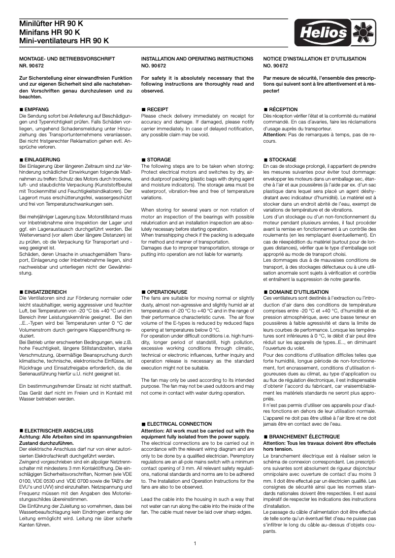 Page 1 de la notice Manuel utilisateur Helios HR 90 KE