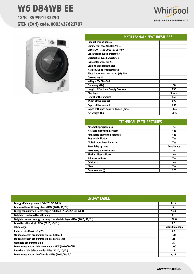 Page n°1 - Fiche technique Whirlpool W6 D84WB EE