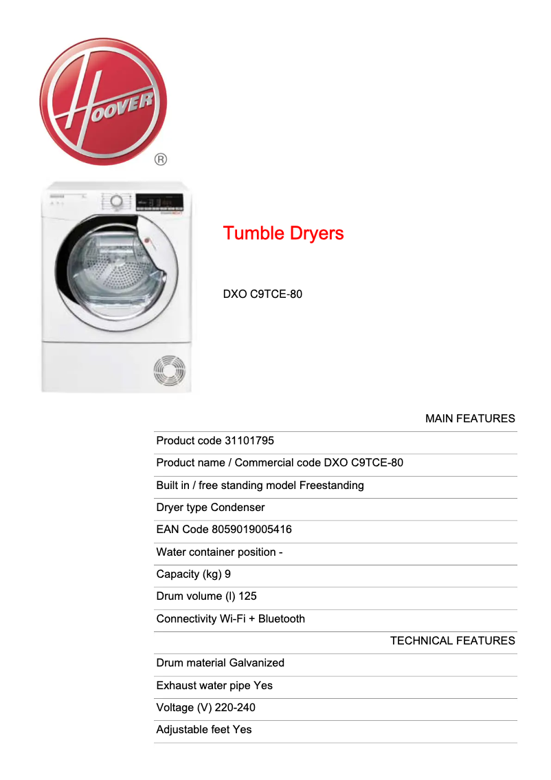 Page 1 de la notice Fiche technique Hoover DXO C9TCE-80