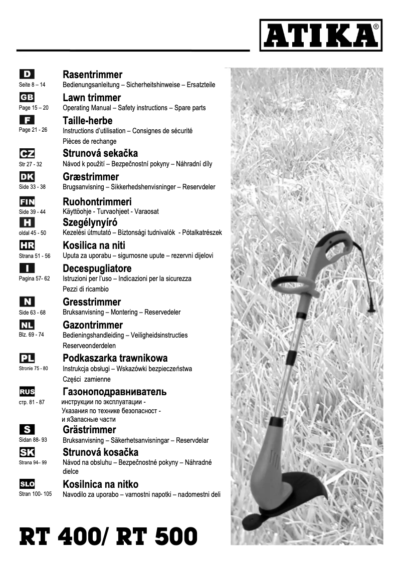 Page n°1 - Manuel utilisateur ATIKA RT 500