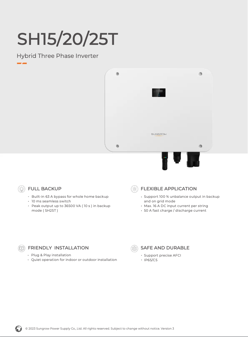 Page 1 de la notice Fiche technique Sungrow SH20T