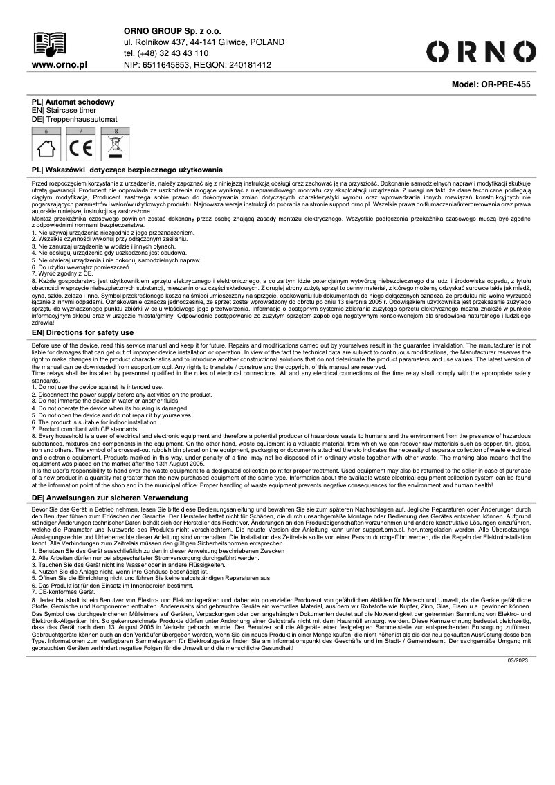 Image de la première page du manuel de l'appareil OR-PRE-455