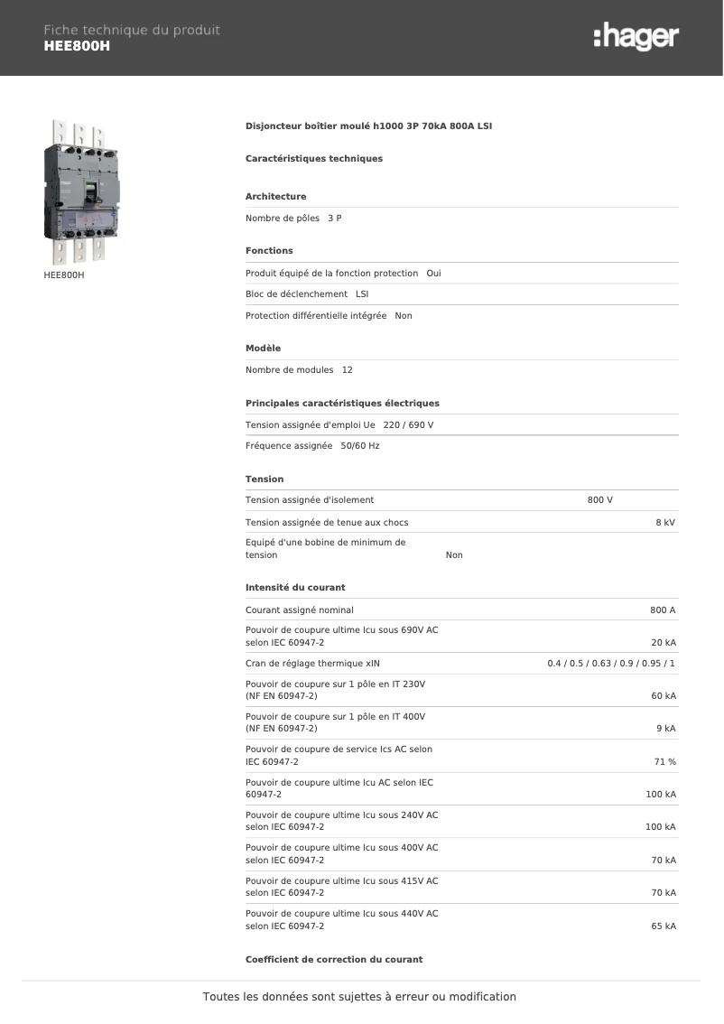 Page 1 de la notice Fiche technique Hager HEE800H