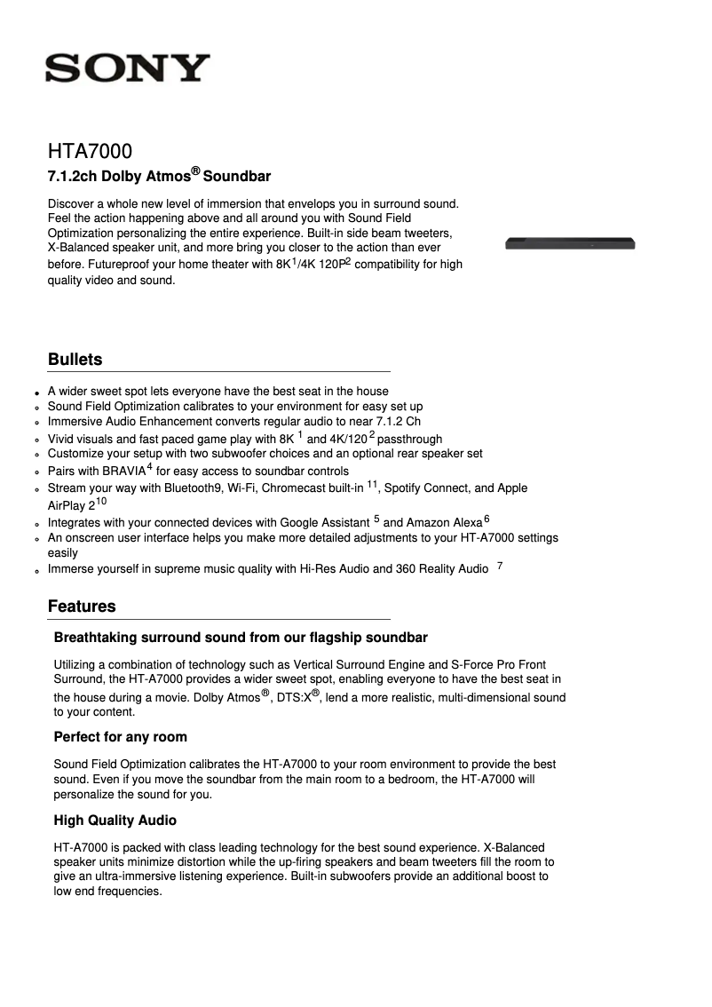 Page 1 de la notice Fiche technique Sony HT-A7000