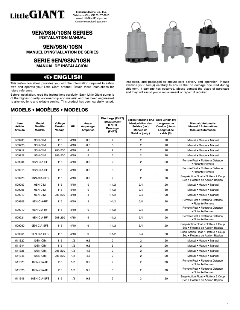 Page 1 de la notice Manuel utilisateur Little Giant 9SN 509204