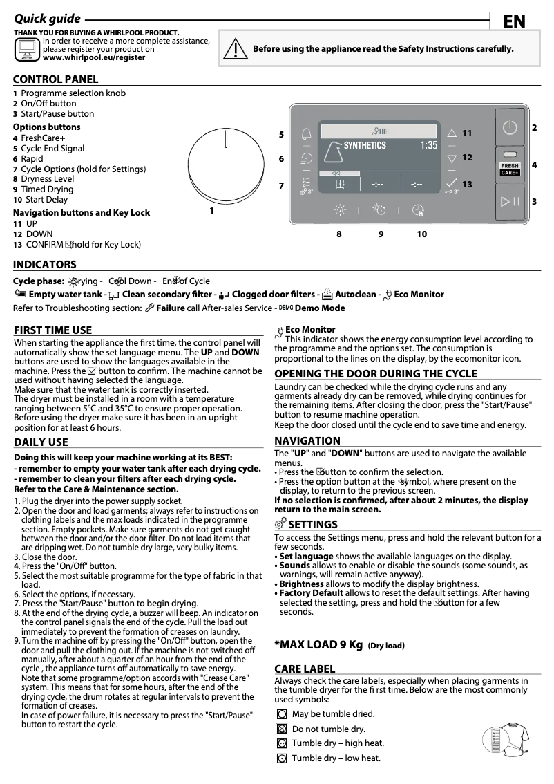 Page n°1 - Manuel utilisateur Whirlpool W6 D94WR BE