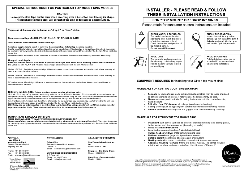 Page n°1 - Guide d'installation Oliveri AP1412