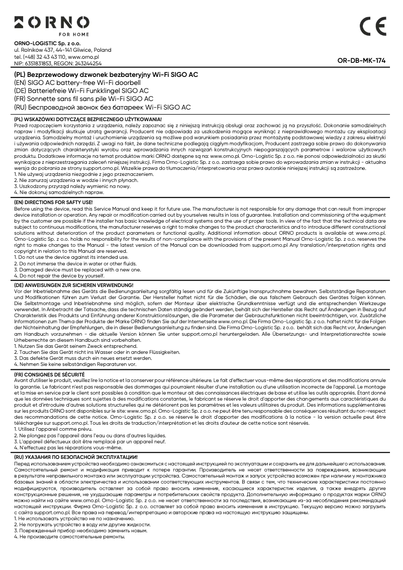 Page 1 de la notice Manuel utilisateur ORNO OR-DB-MK-174