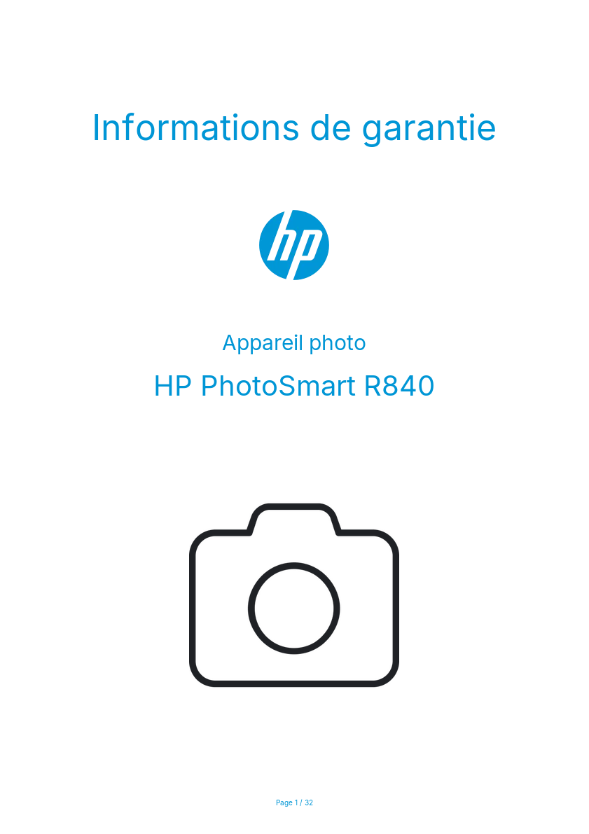 Page n°1 - Informations de garantie HP PhotoSmart R840
