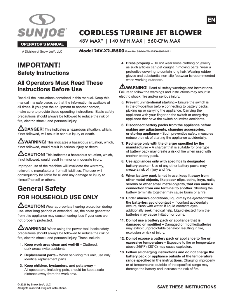 Page 1 de la notice Manuel utilisateur Sun Joe 24V-X2-JB500