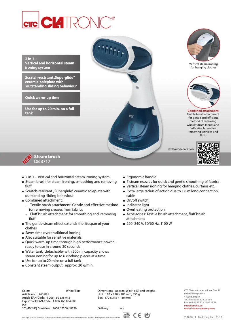 Page 1 de la notice Fiche technique Clatronic DB 3717