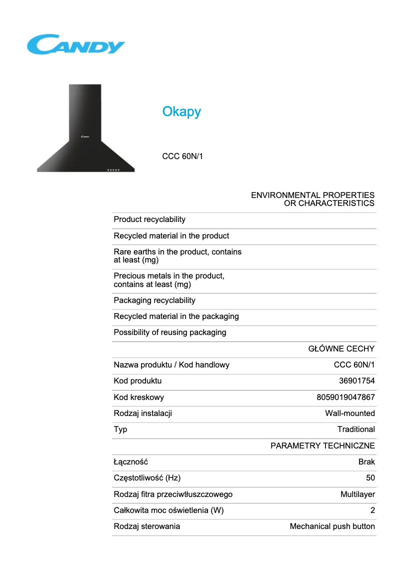 Page 1 de la notice Fiche technique Candy CCC 60N/1