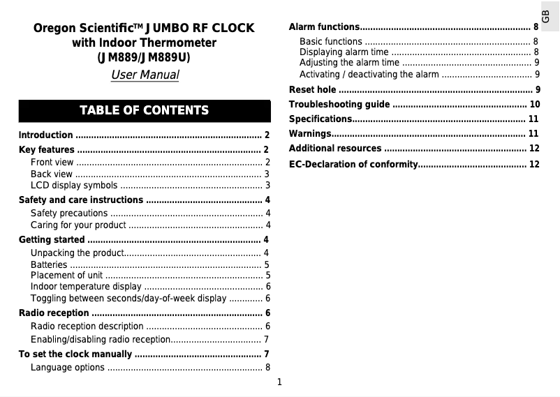Page 1 de la notice Manuel utilisateur Oregon Scientific JM899