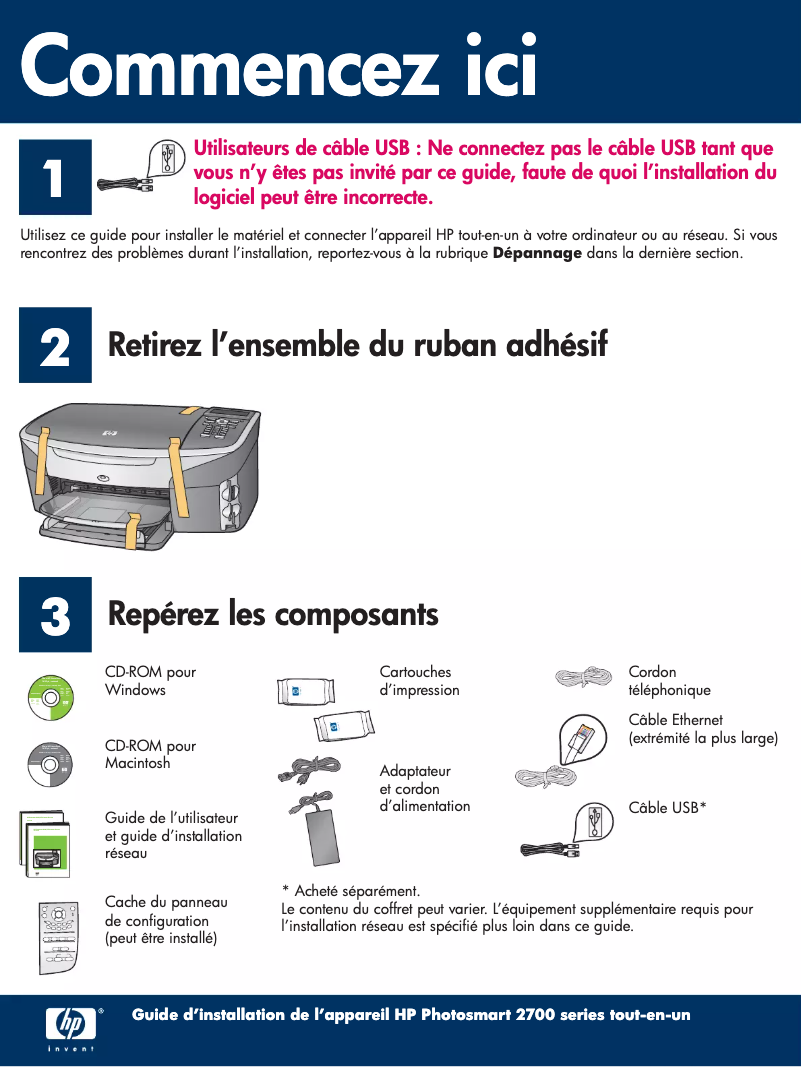 Page 1 de la notice Guide d'installation HP PhotoSmart 2700