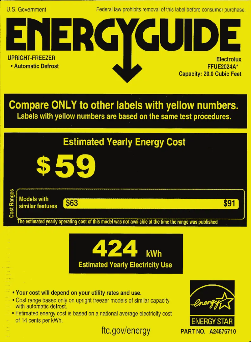 Page 1 de la notice Label énergétique Frigidaire FFUE2024AN