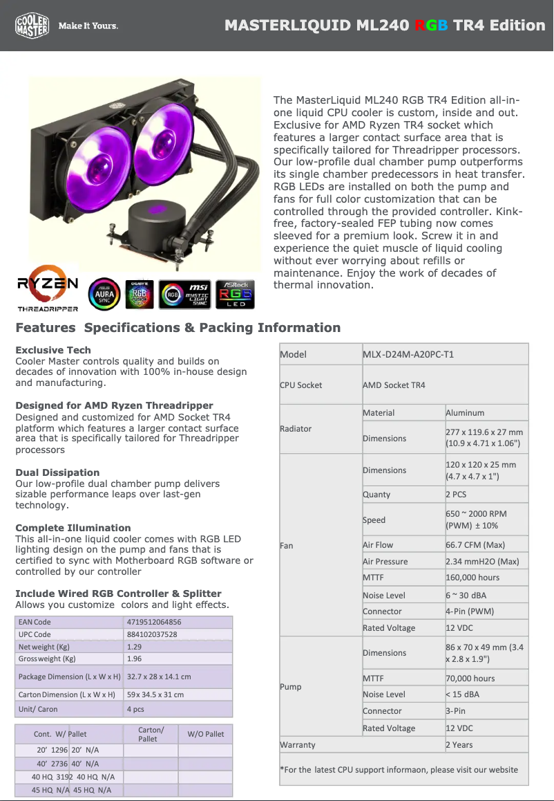 Page n°1 - Manuel utilisateur Cooler Master MasterLiquid ML240 TR4