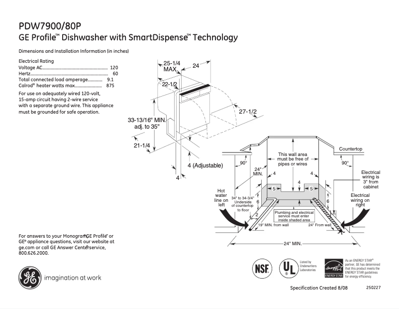 Page 1 de la notice Fiche technique GE Profile PDW7900PBB