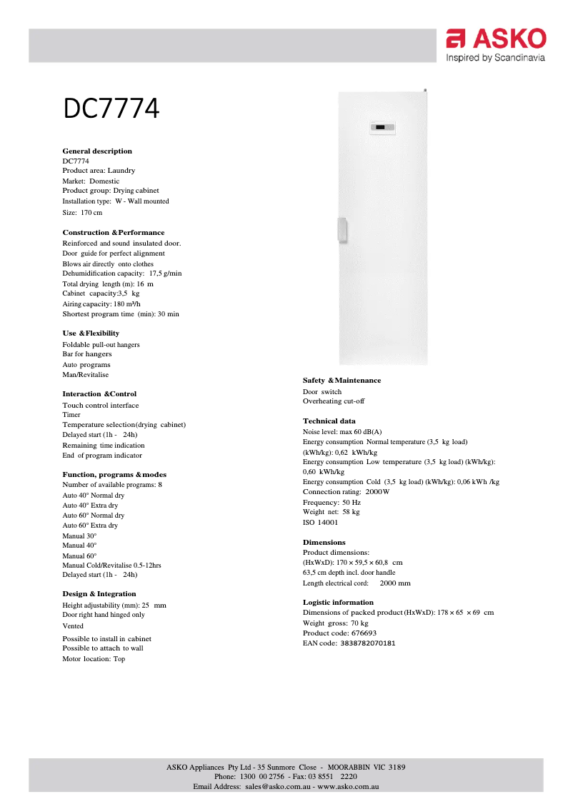 Página 1 del manual Ficha técnica Asko DC7774