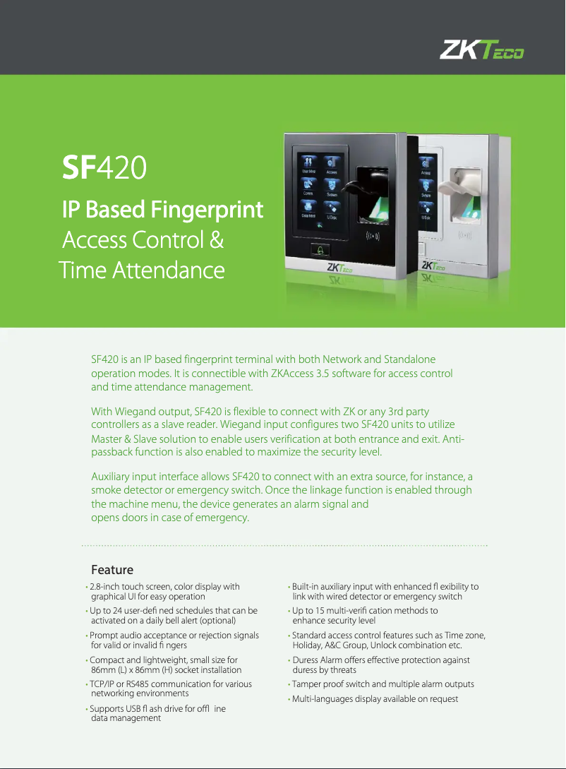 Page 1 de la notice Manuel utilisateur ZKTeco SF420