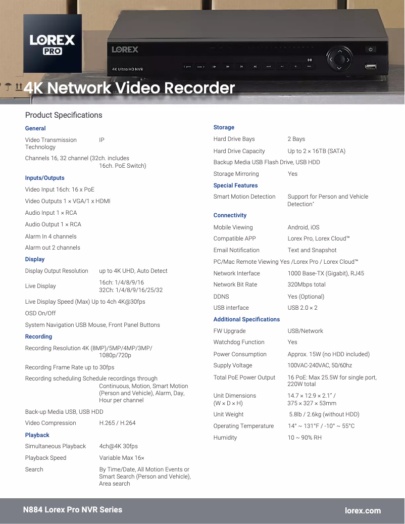 Page n°1 - Fiche technique Lorex N884A38B